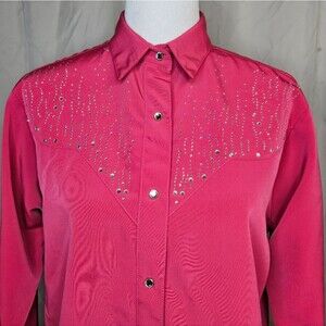 Daniali USA Deep Pink Rhinestone Bling Snap Front Western Cowgirl Shirt Blouse